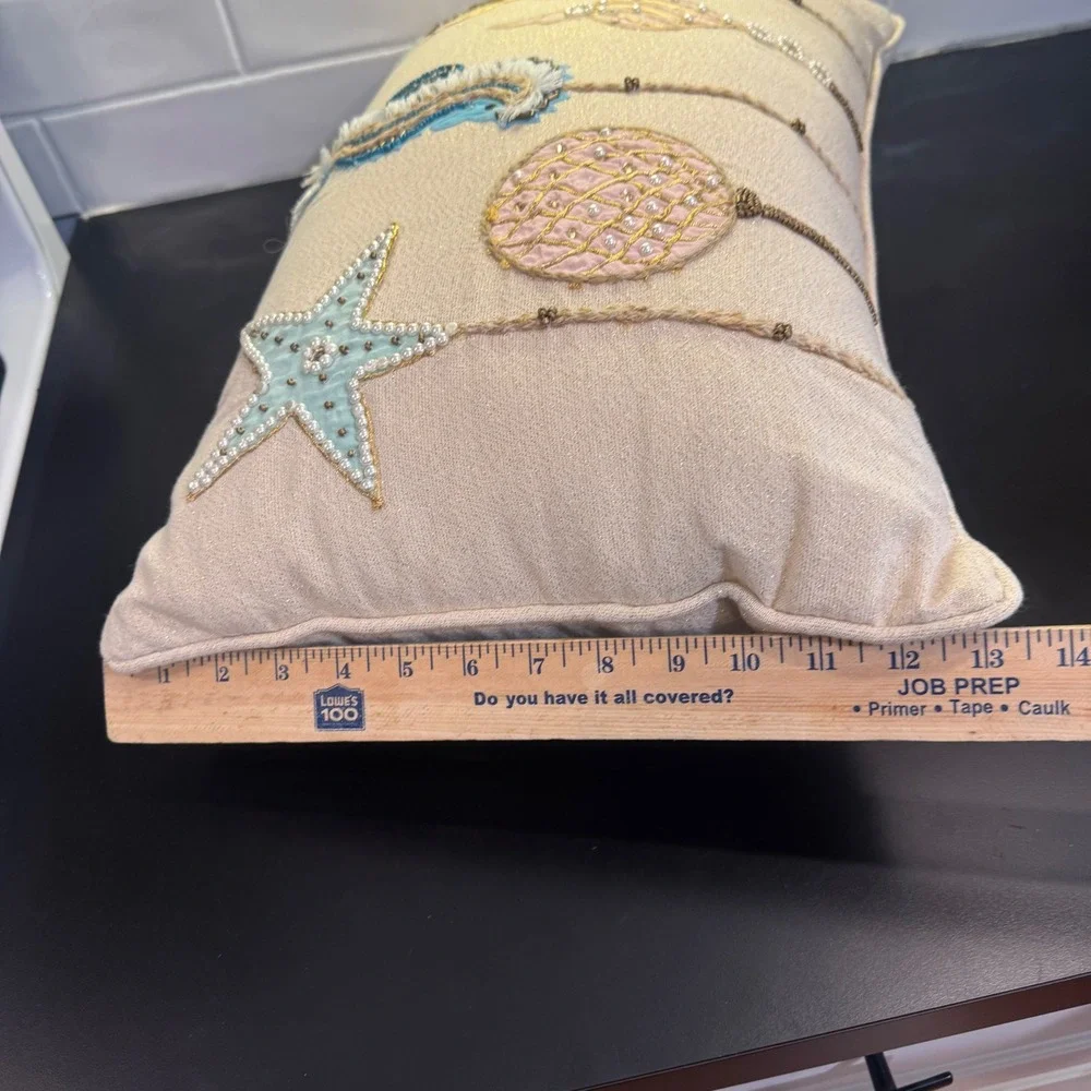 Coastal Seahorse Beaded Lumbar Pillow Home Decor 12x18 Cream Gold Sea Life